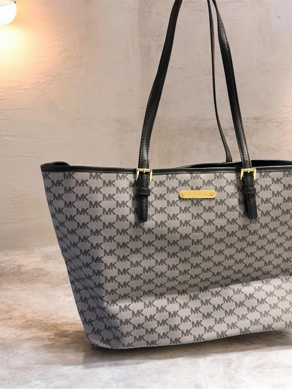 Michael Kors Gray MK Monogram Tote with Black Trim and Gold Hardware